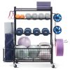 Yoga Mat Storage Rack, Powder Coated Finish Steel Yoga Mat Holder, Home Gym Workout Equipment Organizer with Hooks & Wheels, Weight Rack for Foam Roll