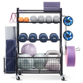 Yoga Mat Storage Rack, Powder Coated Finish Steel Yoga Mat Holder, Home Gym Workout Equipment Organizer with Hooks & Wheels, Weight Rack for Foam Roll