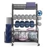 Yoga Mat Storage Rack, Home Gym Workout Equipment Organizer, Powder Coated Finish Steel Yoga Mat Holder with Hooks & Wheels, Weight Rack for Dumbbell,
