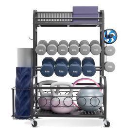 Yoga Mat Storage Rack, Home Gym Workout Equipment Organizer, Powder Coated Finish Steel Yoga Mat Holder with Hooks & Wheels, Weight Rack for Dumbbell, (Size - Length: 31.3 inch)